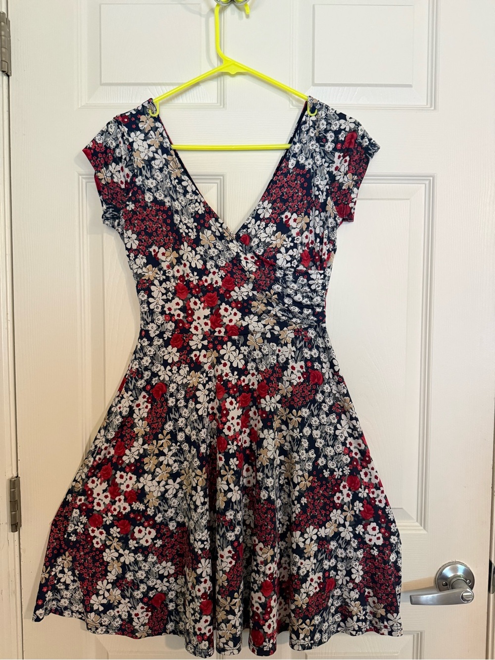 Stitch Fix Floral V-Neck Fit & Flare Dress in Navy with Red and White Flowers